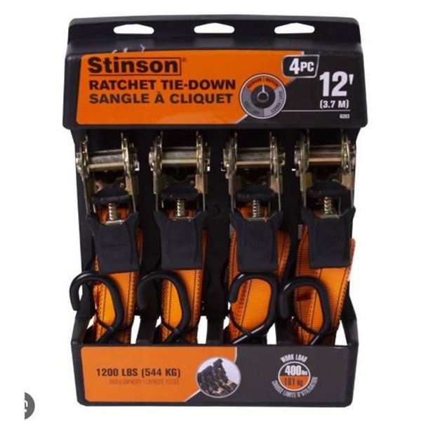 Stinson 4-Piece Ratchet Tie-Down Set, 1 in. x 12 ft., 1200 LBS Capacity