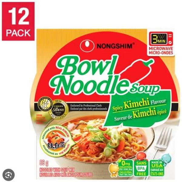 Nongshim Bowl Noodles Spicy Kimchi Flavor Pack, 86g (Set of 12)