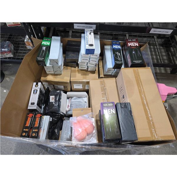 Pallet Lot Box of Assorted Adult Toys, Pumps, Silicone Fetish Toys in various sizes styles and color