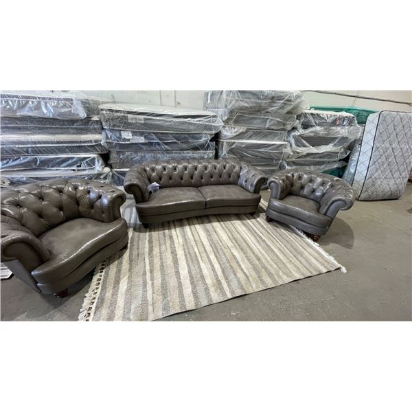 Three-Piece Glenbrook Grey Top Grain Leather Sofa And 2 Chairs