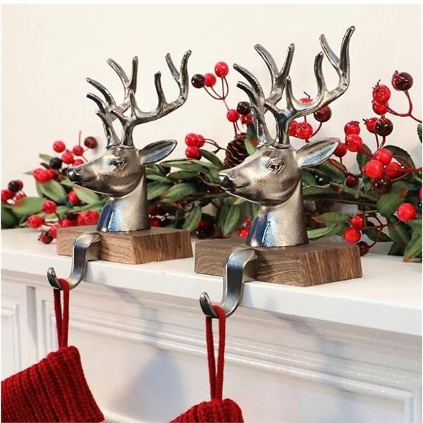 Christmas Stocking Holders for Mantle 3D Reindeer Stocking Hangers Hooks Mantel Garland Clips Metal 