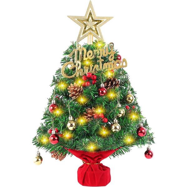 24 Inch Tabletop Christmas Tree, Mini Artificial Christmas Tree with 50 LED Lights, Tree Topper, 12 