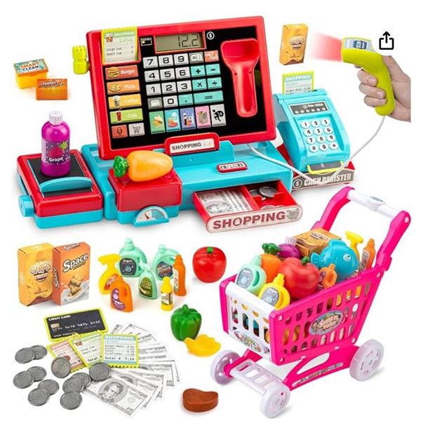 Vrogtik Shopping Interactive Kids Cash Register Toy – Educational Pretend Play Store Set wi