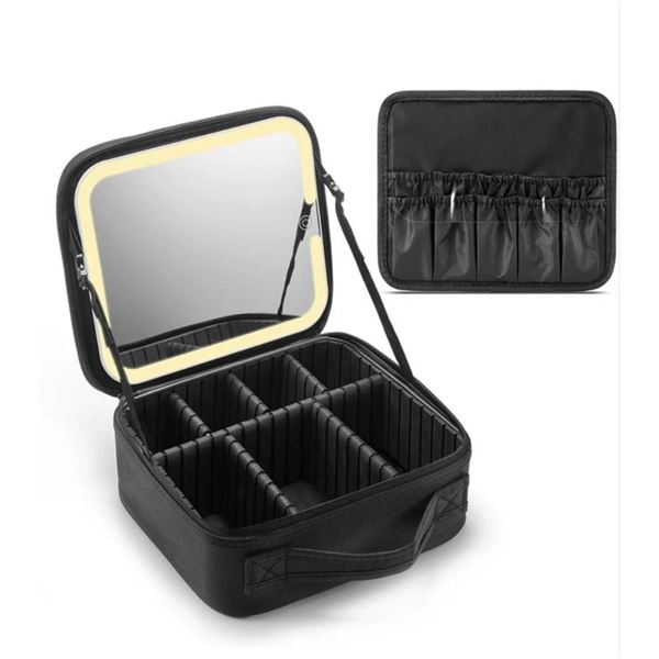 Portable Makeup Organizer with Adjustable Dividers and Mirror
