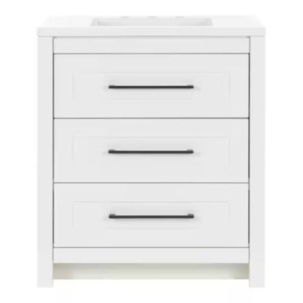 White Bathroom Vanity Sink and Three Drawers Depth 18.75"   Height 35.75"   Width 30.50 
