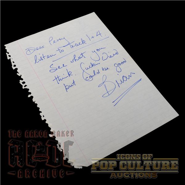 AC/DC – Brian Johnson Handwritten Note to Atlantic Records Executive Perry Cooper - 2113