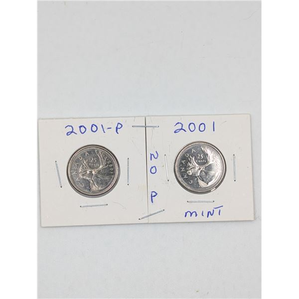 2001 2 CDN Quarters With P & with Out P Scarce
