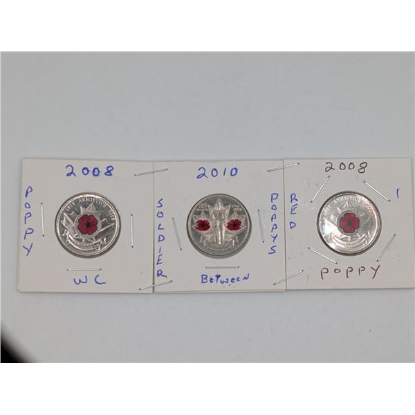 2008 2010 3 CDN Quarters 2 Poppy & 1 Soldier Between Poppies