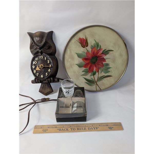 Vintage Owl Clock / Swivling Tray / Anchor Hocking Shot Glasses