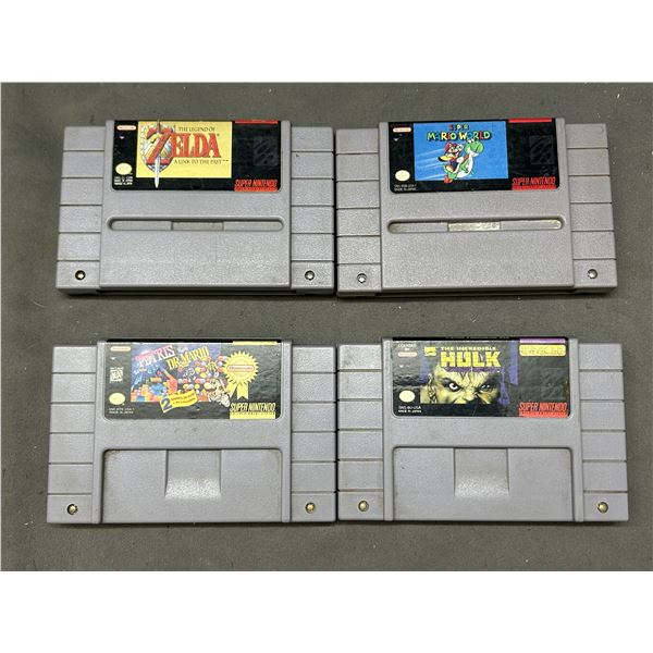 Lot of 4 SNES Games The Legend of Zelda A Link To The Past, Super Mario World, Hulk, Dr Mario Tetris