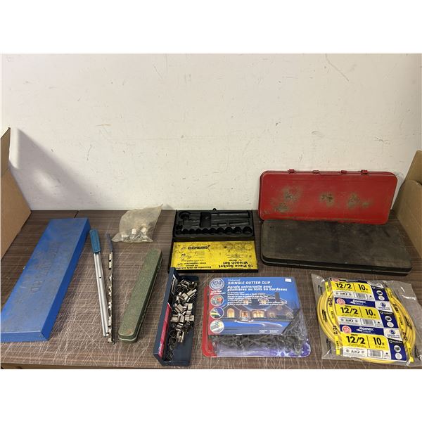 Lot of Assorted Tool Boxes, Household, Gutter Clips, Cable