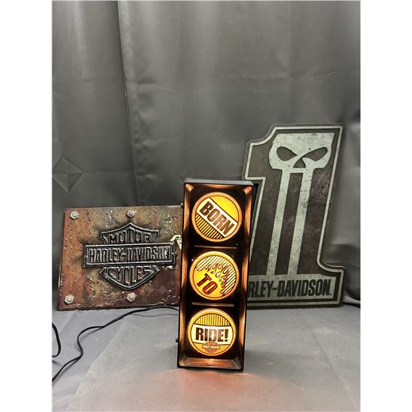Lot of 3 Harley Davidson Wall Signs Decor, 1 Light-Up