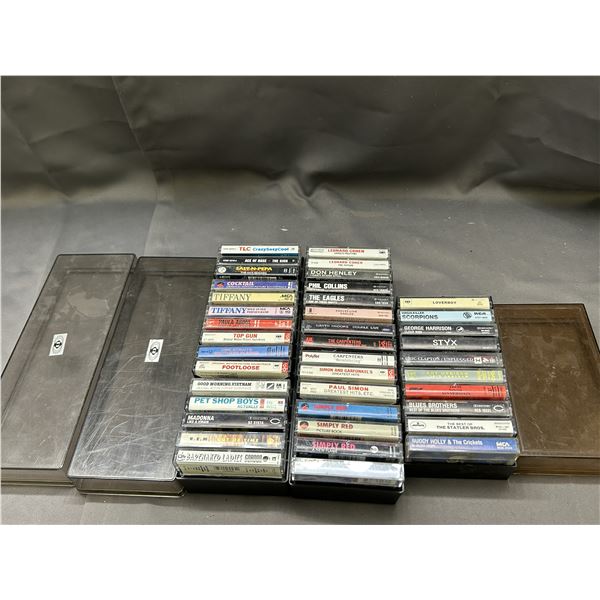 Lot of 40 Cassette Tapes in Cases Rock STYX, Tiffany, The Eagles, Phil Collins, Simply Red, Etc