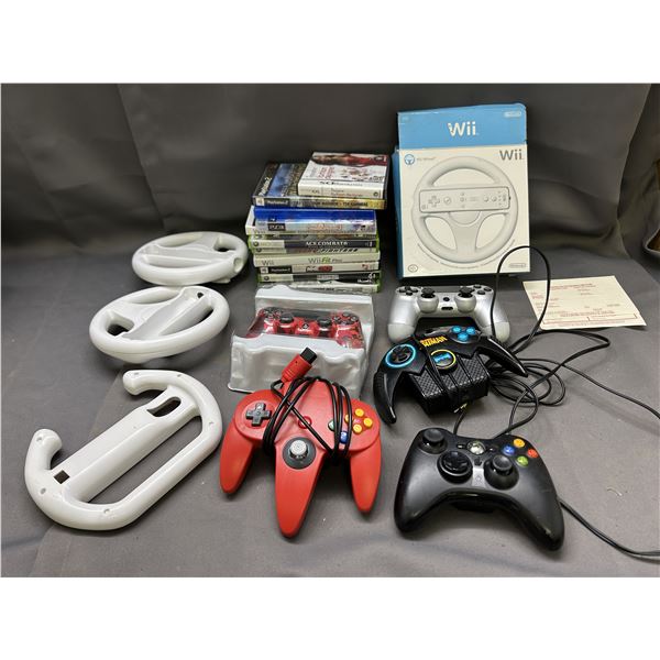 Lot of Assorted Video Game Controllers, Nintendo Wii Wheels, Xbox, Playstation, Games