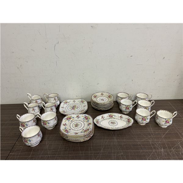 Royal Albert Petit Point Fine China Lot of 35pcs Cups, Saucers, Bowls, Cream and Sugar, Etc