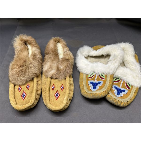 2 Pairs of Beaded Moccasins Indigenous Footwear Fur & Leather