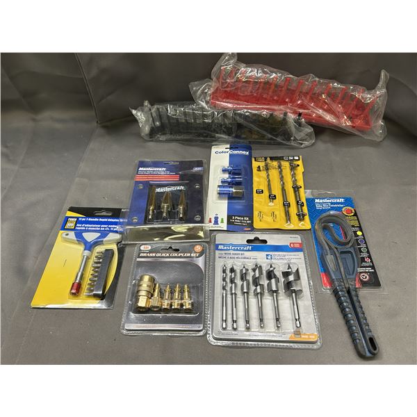 Lot of New Old Stock Tool Auger Bits, Bit Sets, Holders, Strap Wrench, Drills, Etc