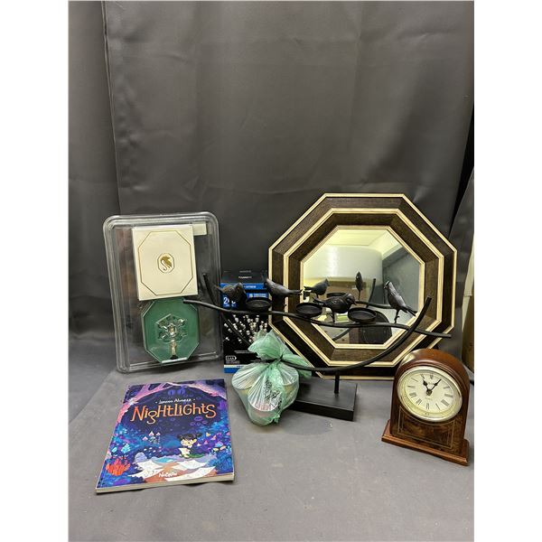 Lot of Home Decor, Household. Mirror, Swarovski Ornament, Bulova Mantle Clock, Etc
