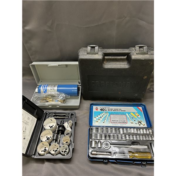 Lot of 4 40pc Ratchet Socket Set, Metal Cutting Kit and Propane Tank, Empty Tool Case