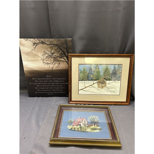 Lot of 3 Wall Art Canvas Print, Framed Watercolour Original, Signed, Cross-Stitch House