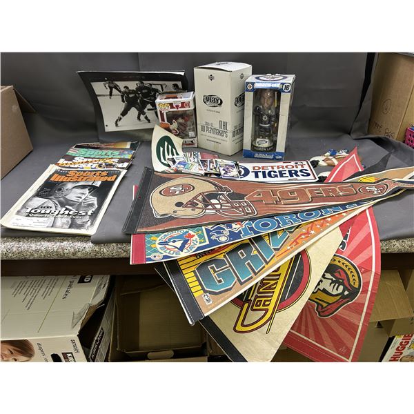 Lot of Assorted Sports Collectibles Pennants, Cards, Bobble Head, Funko, Football, etc