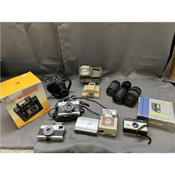 Lot of Assorted Vintage Cameras & Accessories, Instamatic, Ricoh, Flash Units, Lenses, Kodak Instant