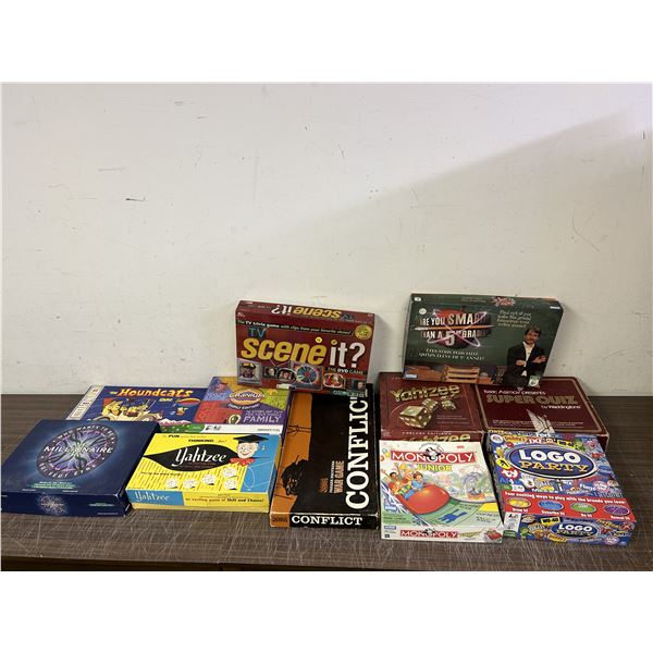 Lot of 11 Vintage Board Games Monopoly, Scene it, Yahtzee, etc (parts uncounted)