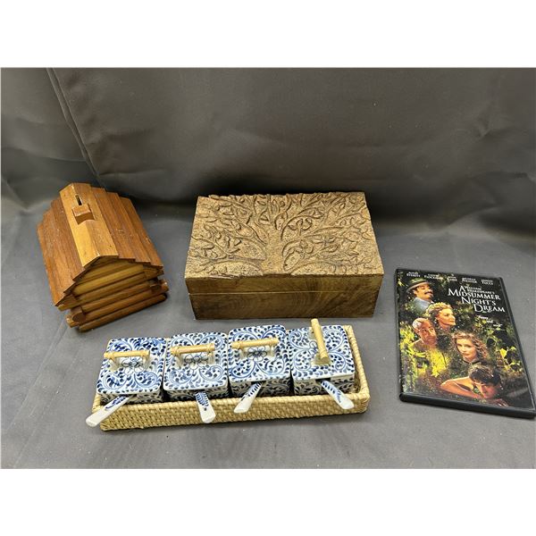 Housewares lot featuring Carved wooden box, Wooden Coin Bank, Asian Spice Dishes + DVD