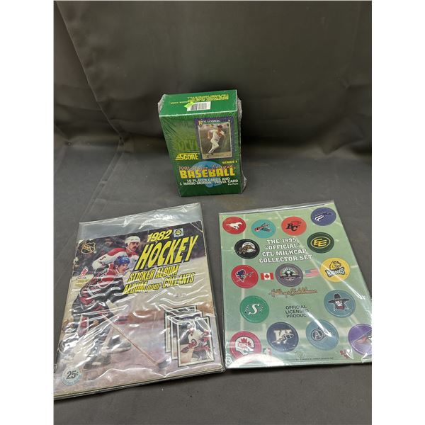 Sports Collectibles lot ft. MLB Baseball 1991 Score Box, NHL Hockey 1982 Sticker Albums, Milk Caps