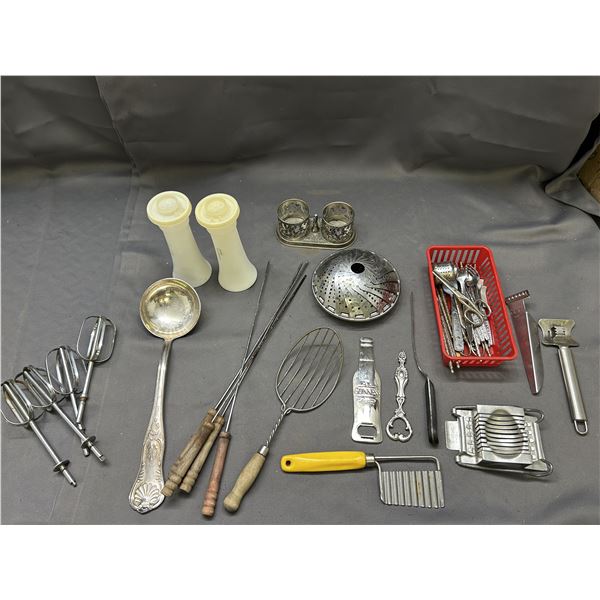 Lot of Assorted Vintage Kitchen Utensils Skewers, Strainers, Slicers, Whisks, Etc