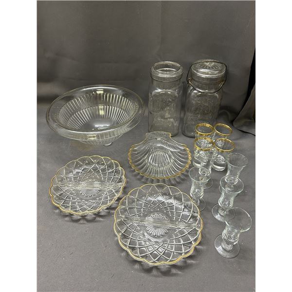 Vintage Clear Glass Perfect Seal Mason Jars, Mixing Bowl, Serving Trays, Shot Glasses Gold Rim