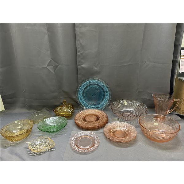 Large Lot of 18pcs Colored Glass Pink, Blue, Yellow & Green, some Depression, Plates & Servers