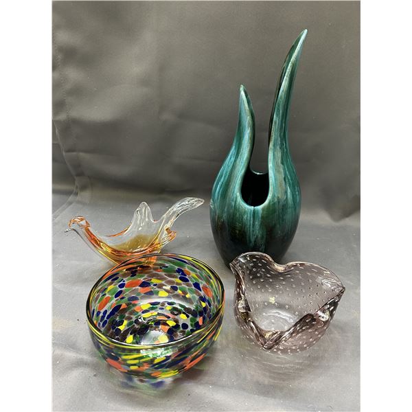 4pcs Vintage Blue Mountain Pottery Vase, Art Glass Ash Tray, Trinket Bowl and Bird Figurine
