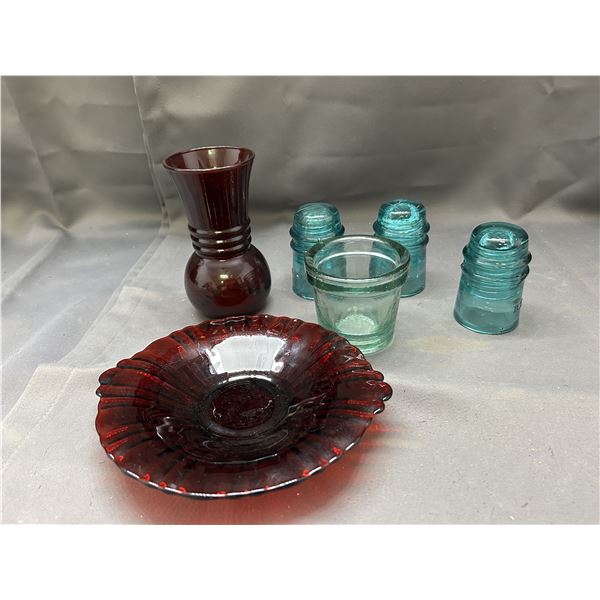 Red Glass Vase, Plate, Glass Insulators and Vintage Antique Glass Plant Pot?