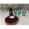Image 1 : Red Glass Vase, Plate, Glass Insulators and Vintage Antique Glass Plant Pot?