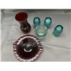 Image 2 : Red Glass Vase, Plate, Glass Insulators and Vintage Antique Glass Plant Pot?