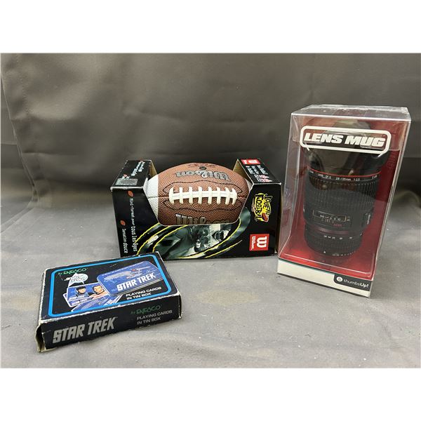 3pcs of New Old Stock Camera Lens Mug Thermos, Wilson Football, Star Trek Playing Cards