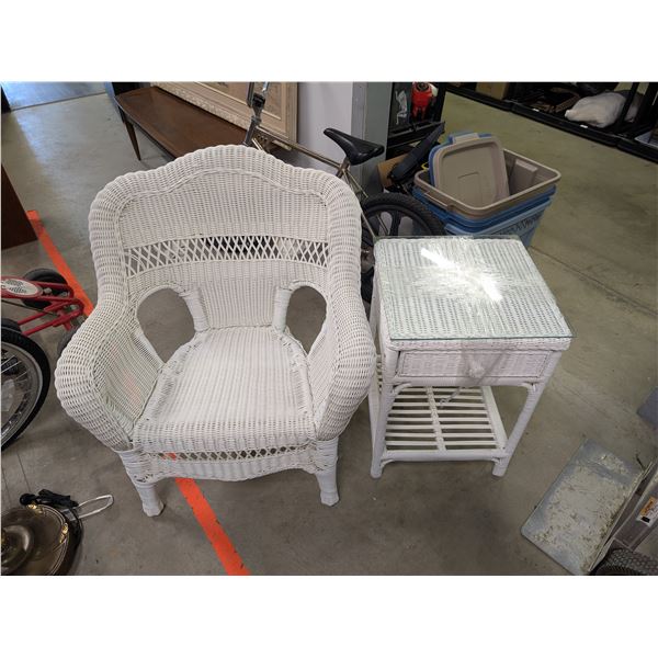 White Wicker Arm Chair and Side Table w/glass top