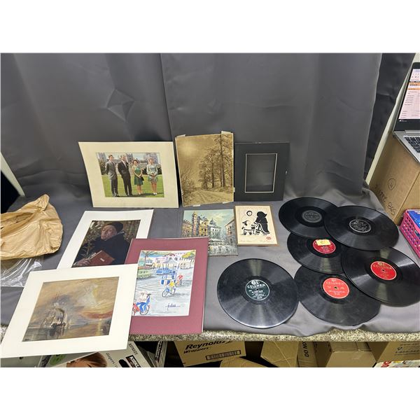 Lot of Assorted 78s Records, Painting, Prints, Royal Family Photo, Indigenous Ink Print, Etc