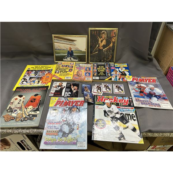 Lot of 13+ pcs Assorted Wrestling WWE WWF Memorabilia Magazines, Sports Cards NHL, Framed Photos
