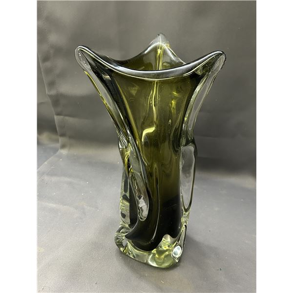 Vintage MCM Art Glass Blown Glass Marked Chalet Green Twist Vase 12"