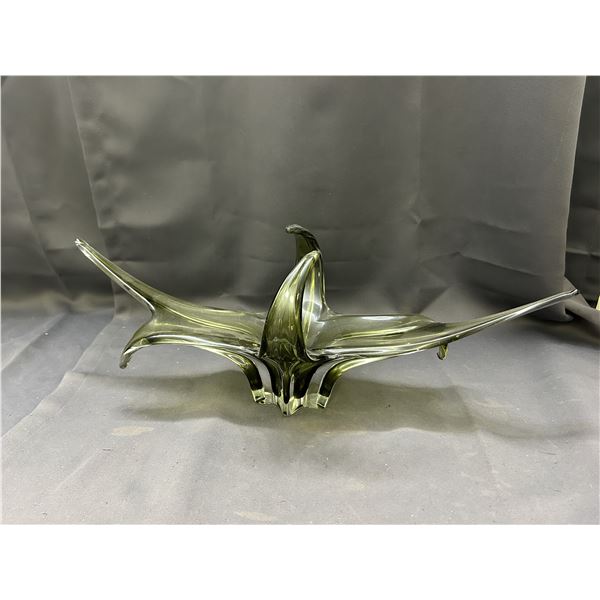 Vintage MCM Green Art Glass Blown Glass Centerpiece 22"