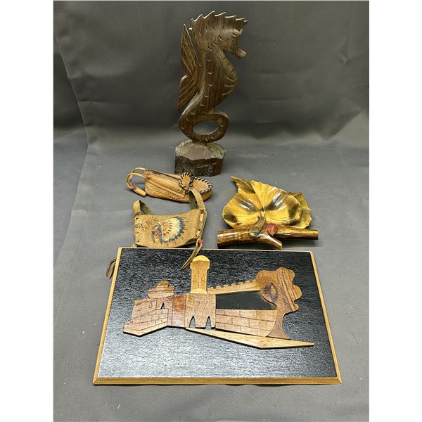 Lot of Assorted Wooden Carved Figurines, Seahorse, Leaf Tray, Israel Carved Wood Wall Art, Leather
