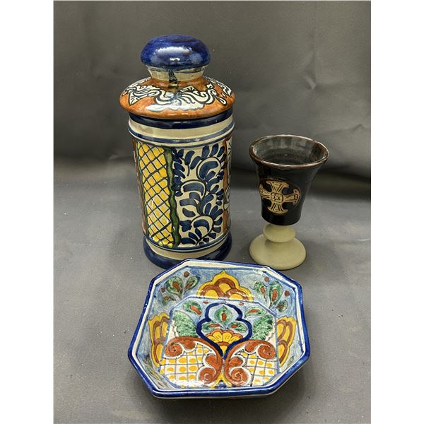 Lot of 3 Pottery Folk Design Jar w Lid, Cup and Trinket Dish Artist Signed
