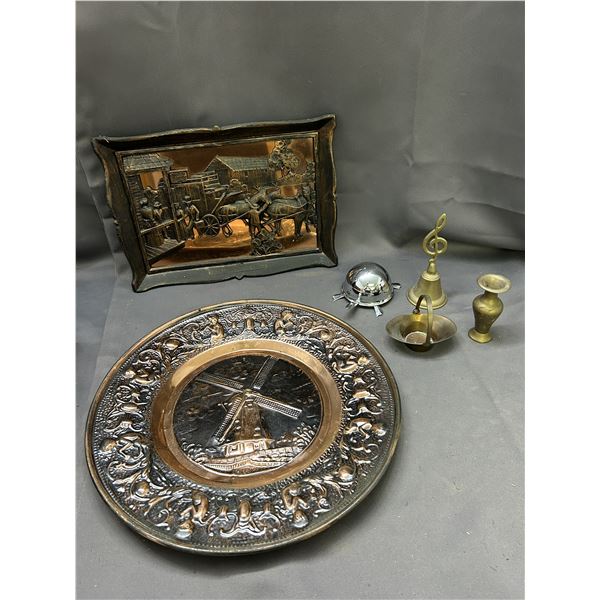 Lot of Copper Tooled Relief Wall Art, Brass Trinkets, Turtle