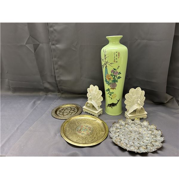 Lot of 6 Brass Plates, Ceramic Asian Pottery Vase 18" and Peacock Stone Bookends