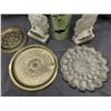 Image 2 : Lot of 6 Brass Plates, Ceramic Asian Pottery Vase 18" and Peacock Stone Bookends