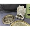 Image 3 : Lot of 6 Brass Plates, Ceramic Asian Pottery Vase 18" and Peacock Stone Bookends