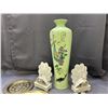Image 4 : Lot of 6 Brass Plates, Ceramic Asian Pottery Vase 18" and Peacock Stone Bookends