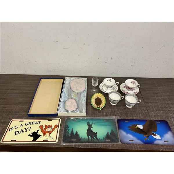 END OF THE RUN Royal Albert Tea Cups & Saucers, Novelty License Plates, Brush & Mirror Set